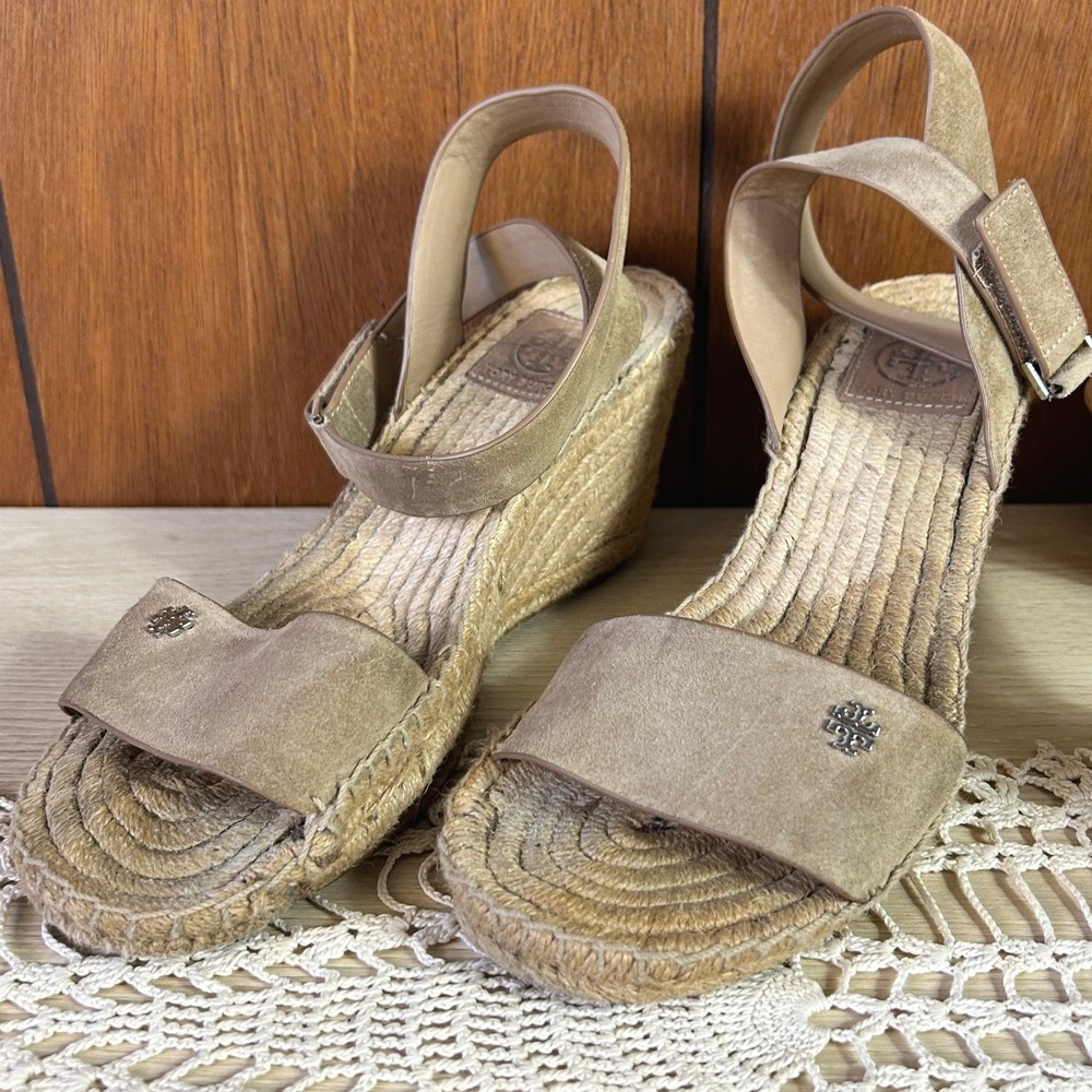 Tory Burch Tan Suede Espadrille Wedge Sandals Women's Size 8